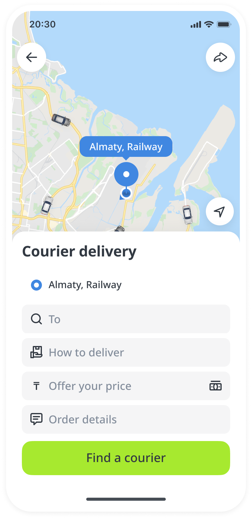Legacy-inspired courier form with delivery options and price